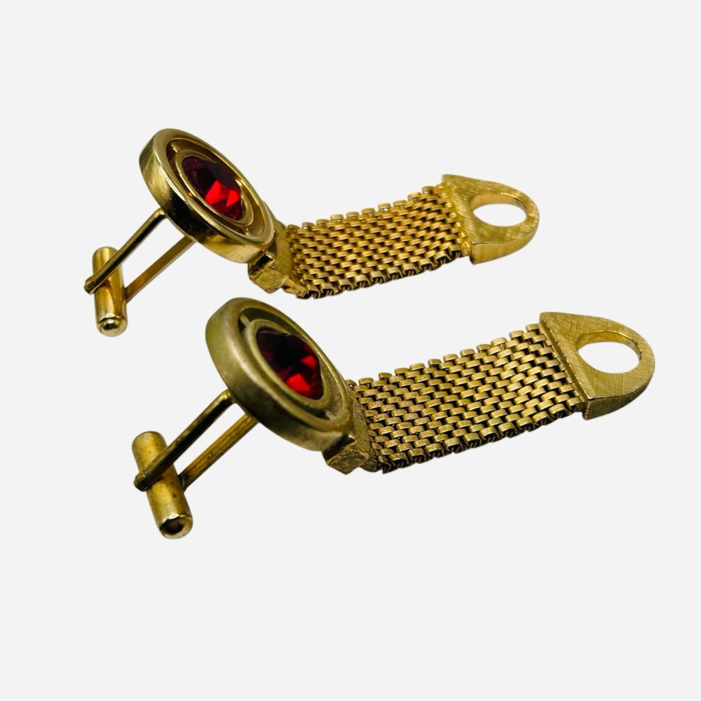 Vintage Red Rhinestone Mesh Cuff Links - Picture 4 of 5